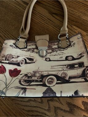 Beige Vintage Car 🚗 Print Shoulder Bag 💼